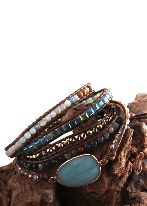 Boho Bracelet, RH 5 Layers Leather Wrap Bracelet, Crystal and Natural Stones